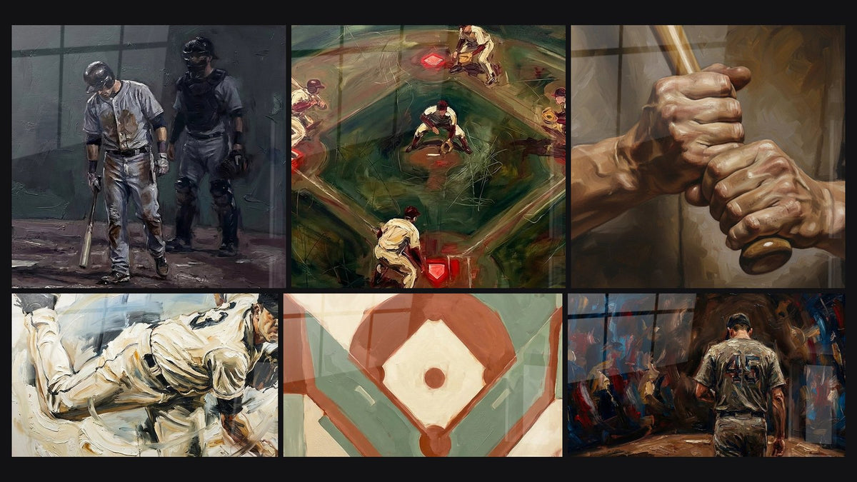 Mosaïque de six tableaux, dont Joueurs Baseball Vestiaire, Joueur de Baseball Vintage et Terrain de Baseball