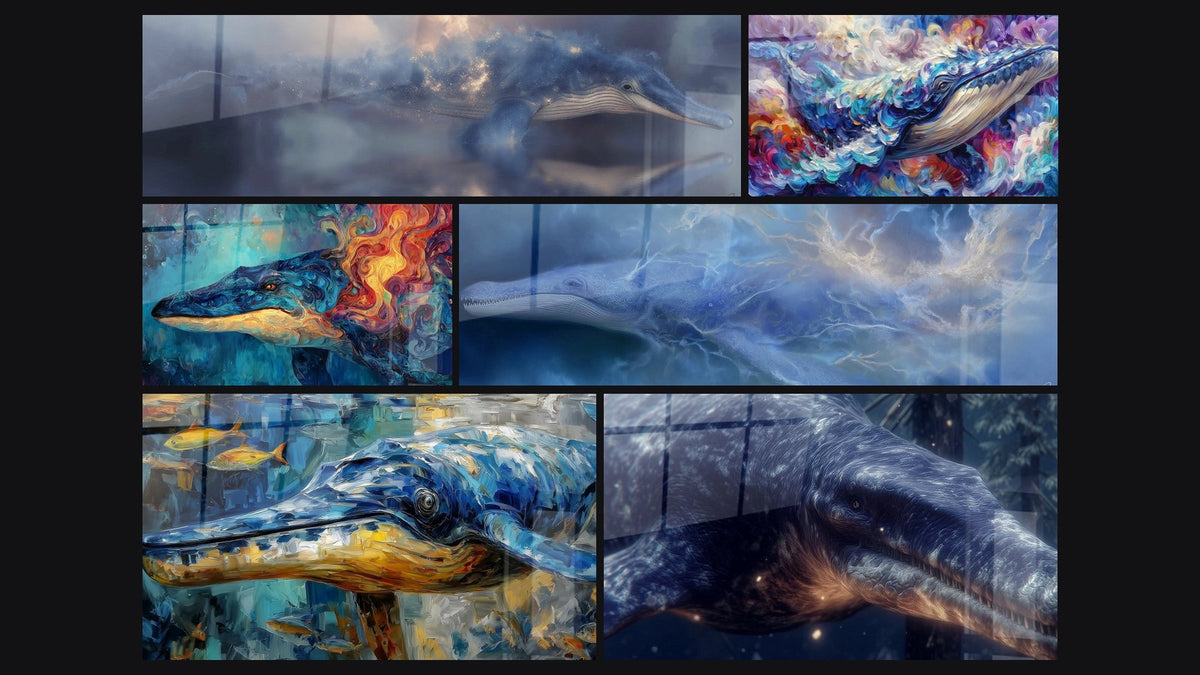 Mosaico de seis cuadros, entre ellos Ballena Majestuosa, Ballena colorida y Ballena Abstracta