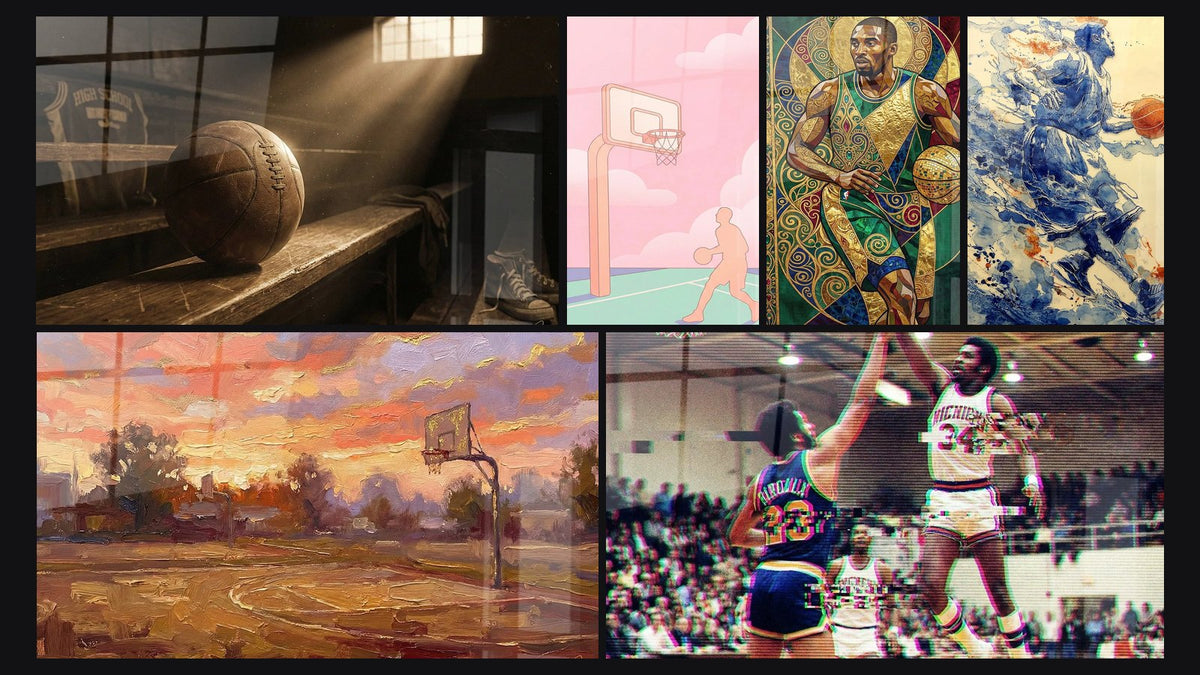 Mosaico de seis cuadros, entre ellos Balón de Baloncesto Vintage y Campo de Baloncesto Rosa