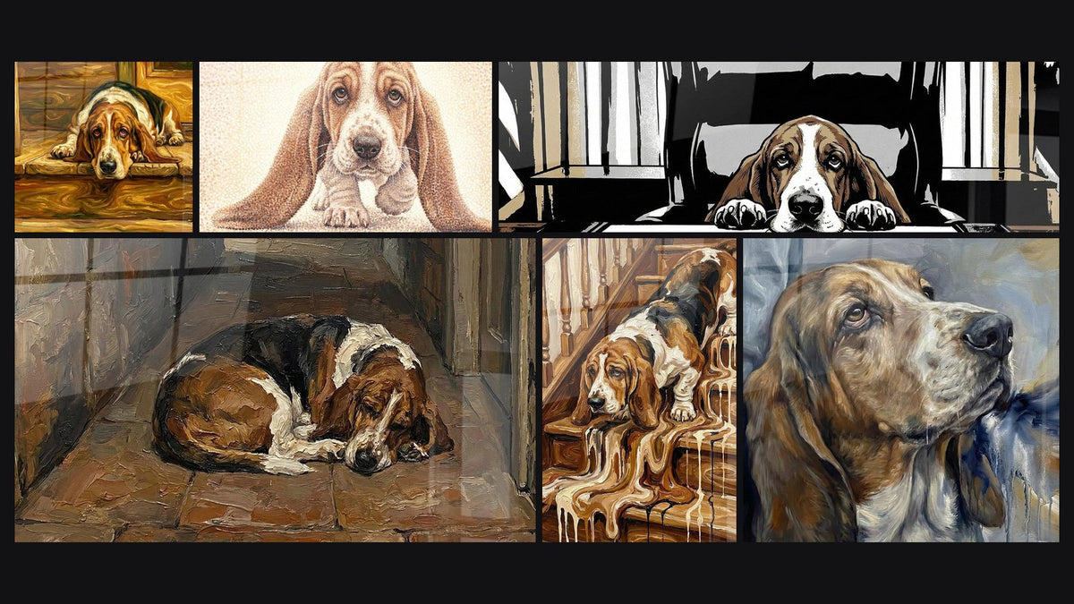 Mosaico de seis cuadros, entre ellos Basset Hound Melancólico en Tonos Dorados y Basset Hound Tendido Bajo los Muebles
