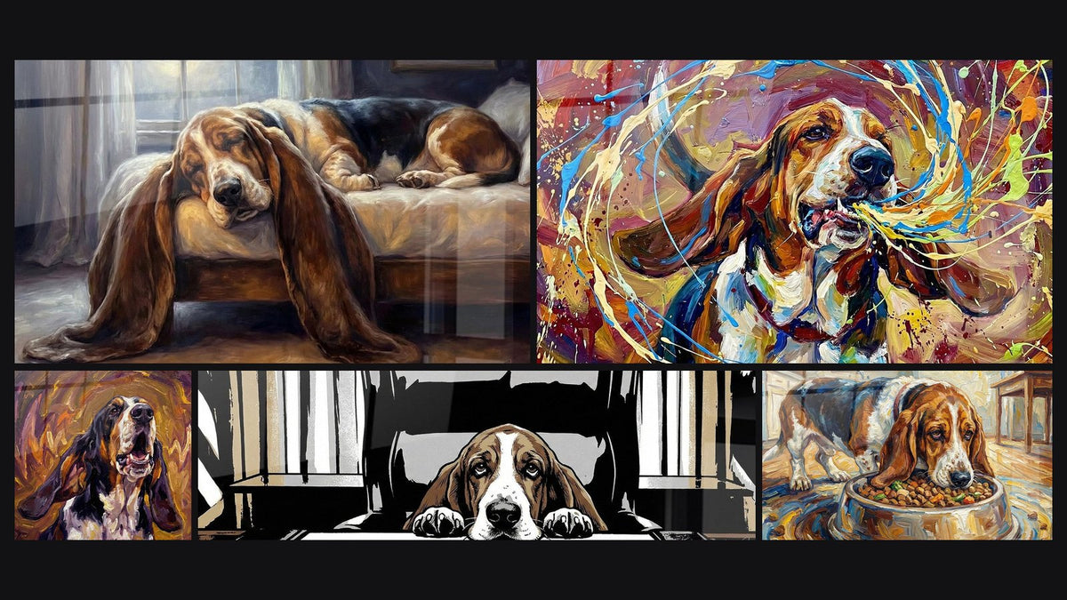 Mosaico de cinco cuadros, entre ellos Dachshund en Tonos Dorados y Violetas y Basset Hound Tendido Bajo los Muebles