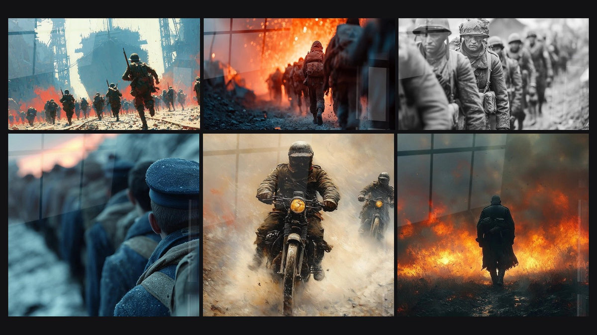 Mosaic of six paintings, including Soldiers Battle Echoes, Silent Dawn Soldier and Steel motorcycle cavaliers