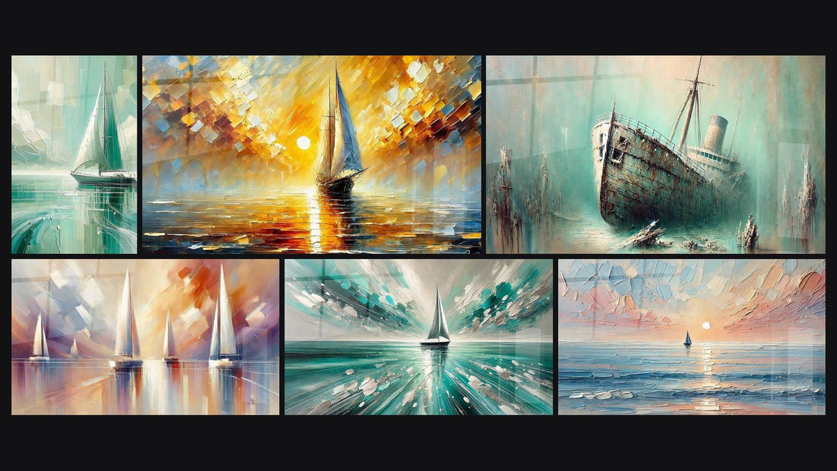 Mosaïque de six tableaux, dont Échos du Large, L'Appel de l'Horizon et Sérénité Marine