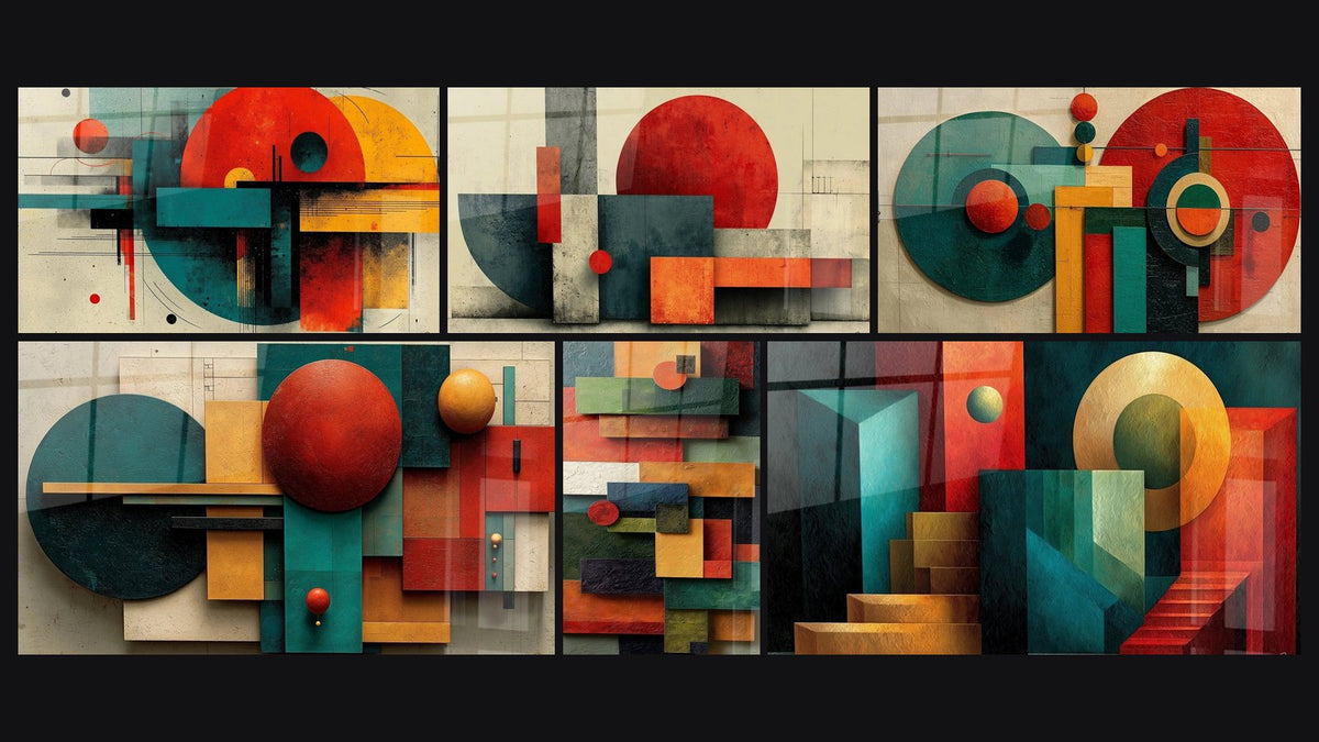 Mosaïque de six tableaux, dont Formes géométriques Harmonie modulaire et Formes Géométriques Dialogue Modulaire