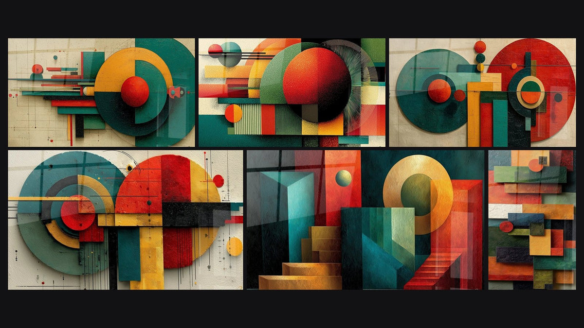 Mosaïque de six tableaux, dont Géométrie Équilibre Dynamique et Composition Géométrique Rythme Constructif