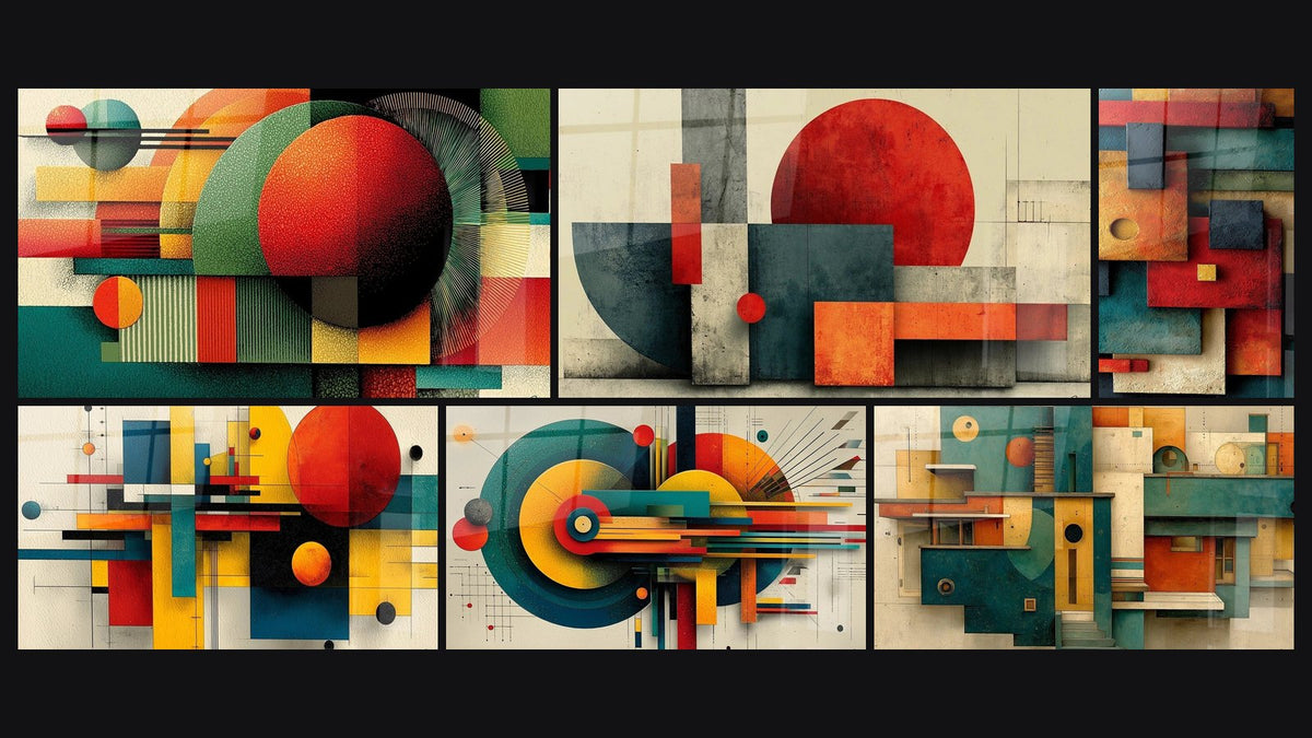 Mosaïque de six tableaux, dont Composition Géométrique Rythme Constructif et Géométrie Soleil Industriel