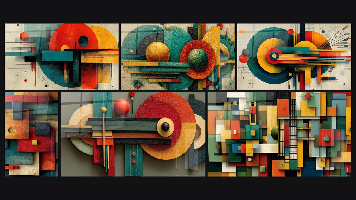 Mosaïque de six tableaux, dont Formes géométriques Harmonie modulaire et Géométrie Mécanisme Poétique