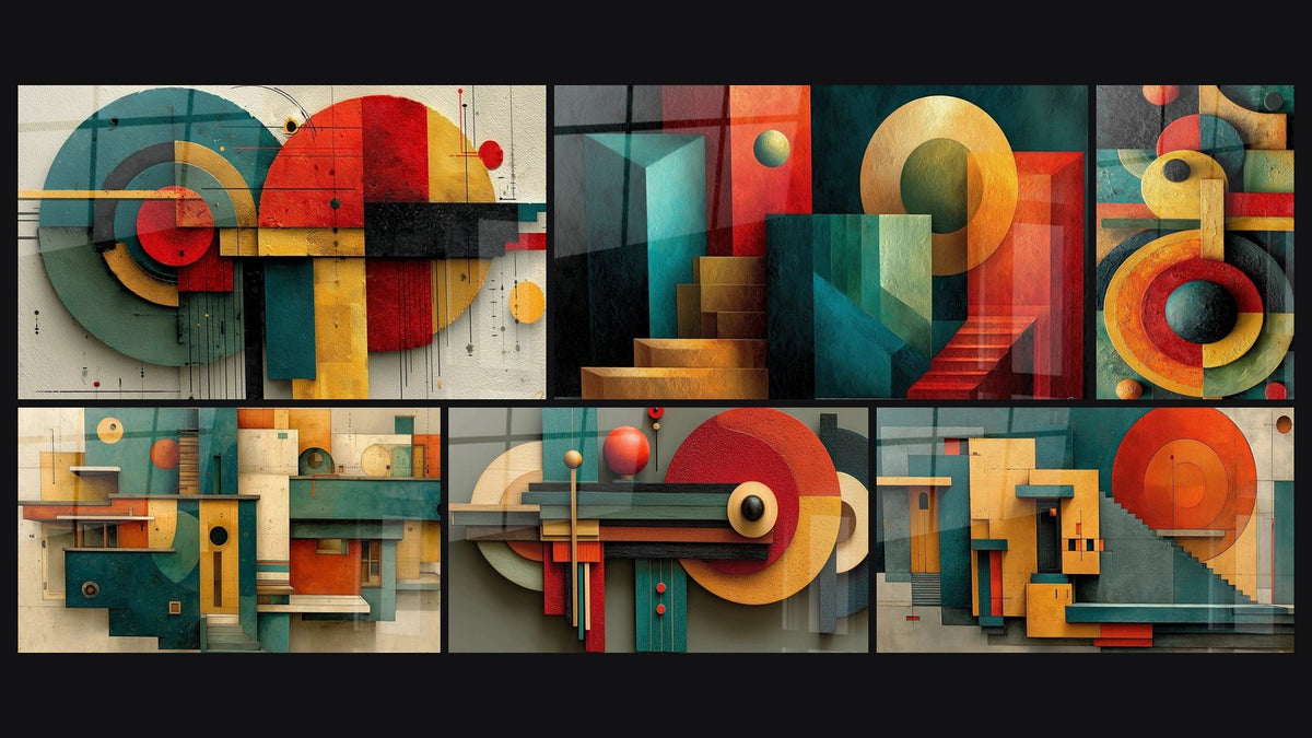 Mosaïque de six tableaux, dont Composition Géométrique Dialogue Formel et Géométrie Abstraction Pure