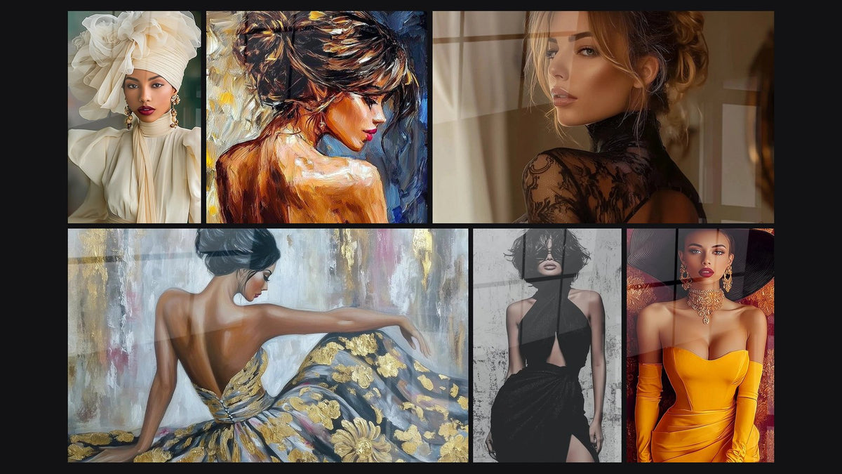 Mosaïque de six tableaux, dont Mode, Femme et Portrait Féminin