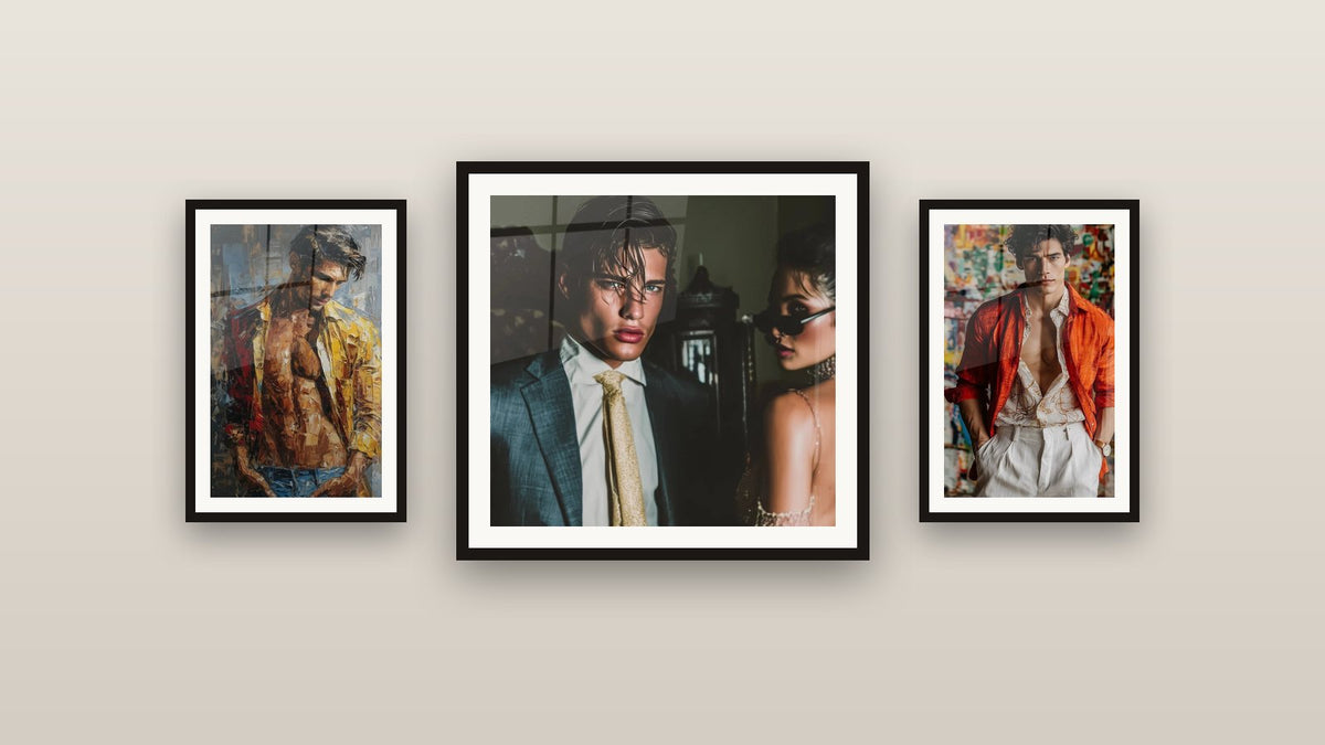 Mur de galerie avec trois tableaux encadrés : Homme Moderne, Mode Homme et Luxe Masculin