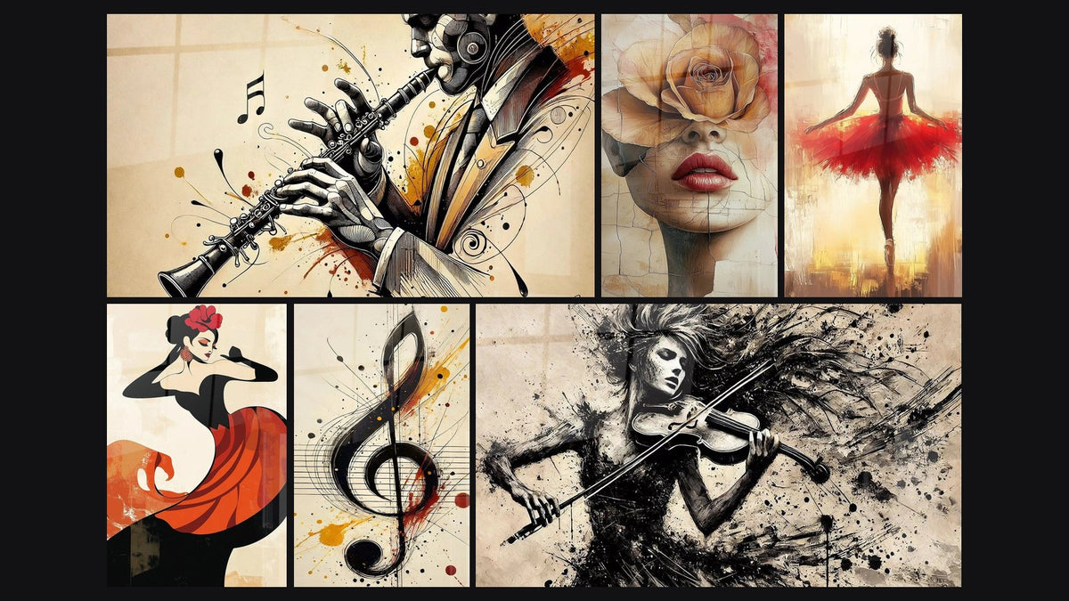 Mosaïque de six tableaux, dont Clarinette N°1, Beauté Fanée -Édition Visage Abstrait et La Dame Rouge