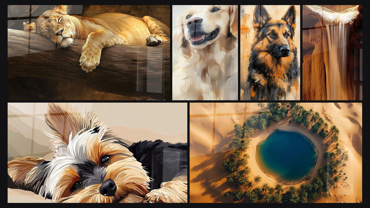 Mosaïque de six tableaux, dont Lionne N°5, Yorkshire N°1 et Golden Retriever N°2