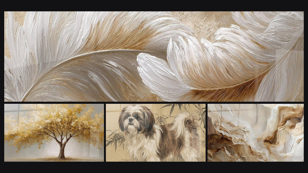 Mosaïque de quatre tableaux, dont Shih Tzu Beige et Blanc aux Tons Sépia et Abstrait aux nuances beiges et blanches