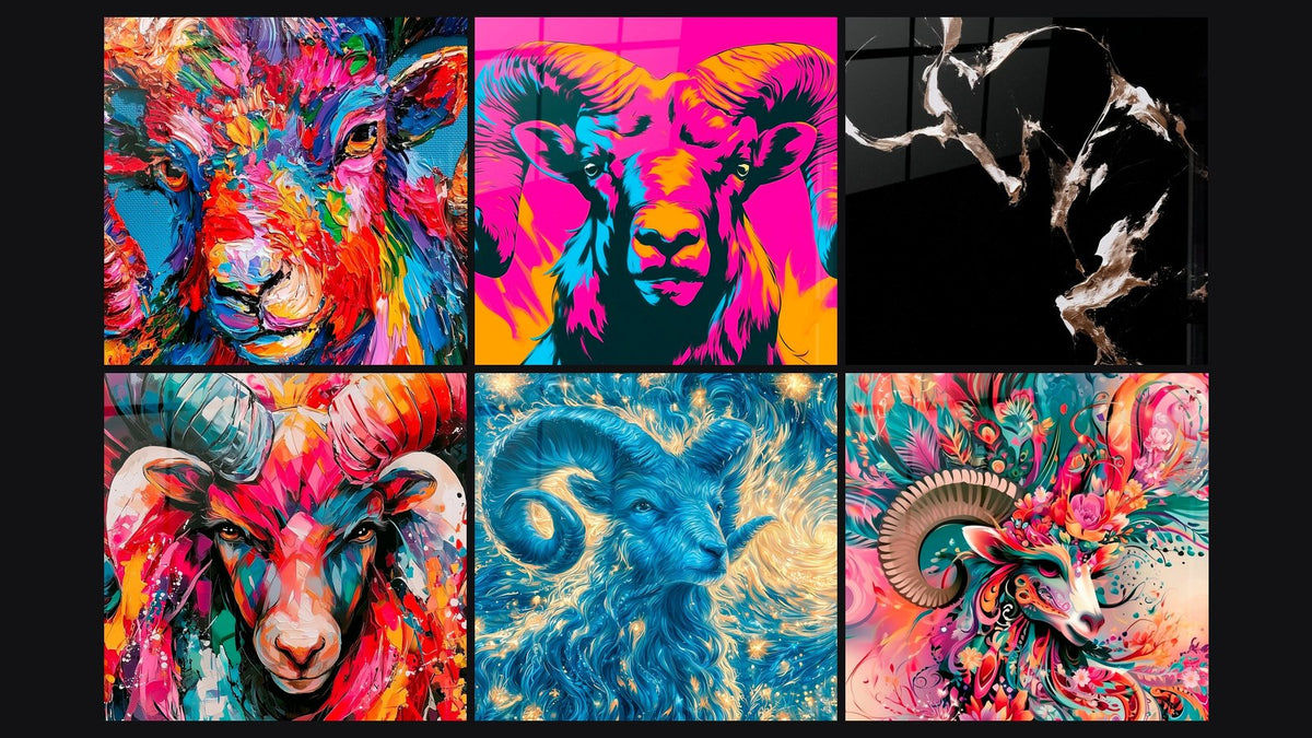 Mosaico de seis cuadros, entre ellos Aries rosa fucsia y azul eléctrico neón y Aries fondo negro toques dorados abstracto