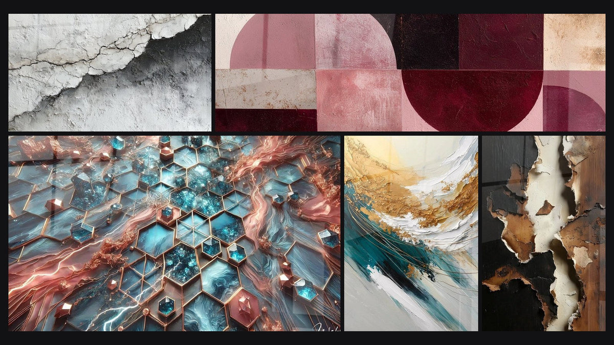 Mosaïque de cinq tableaux, dont Texture Murale Fissurée Blanc et Gris, Réseaux d'Éclat et Crête d'Or et d'Écume