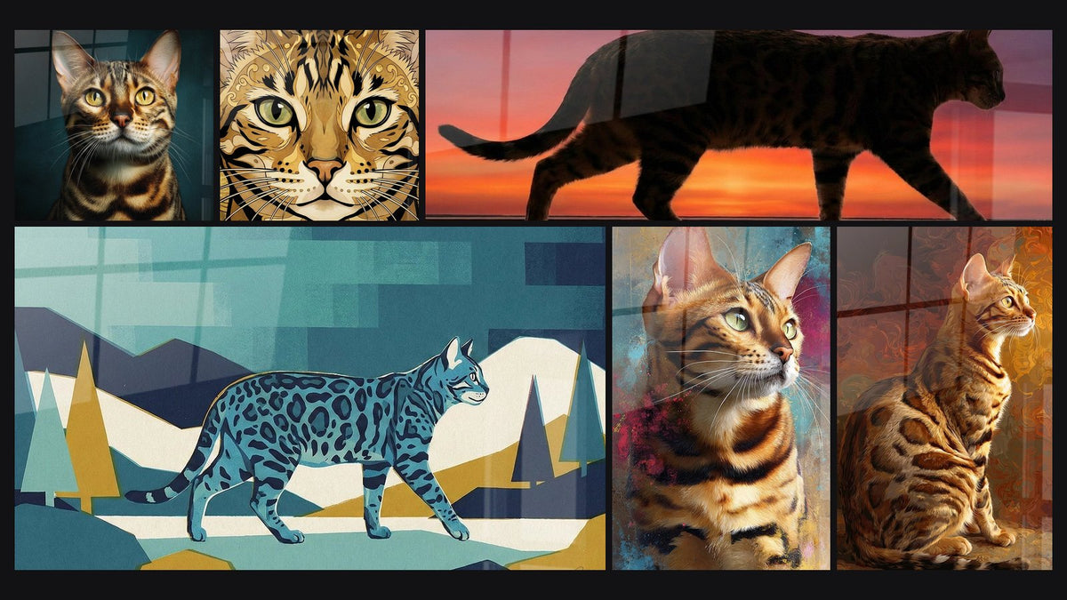 Mosaïque de six tableaux, dont Chat Bengal Portrait Hyperréaliste, Chat Bengal Doré et Chat Bengal Coucher de Soleil