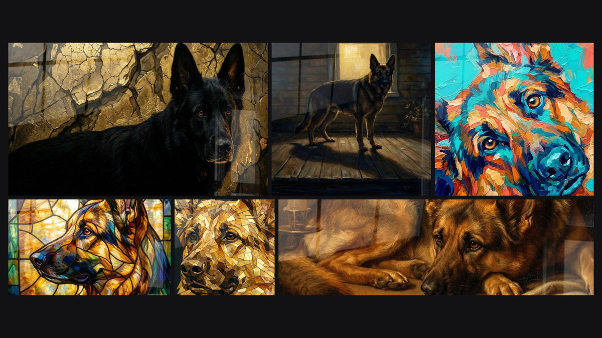 Mosaïque de six tableaux, dont Berger Allemand dans Intérieur Chaleureux et Portrait Berger Allemand Mosaïque Dorée