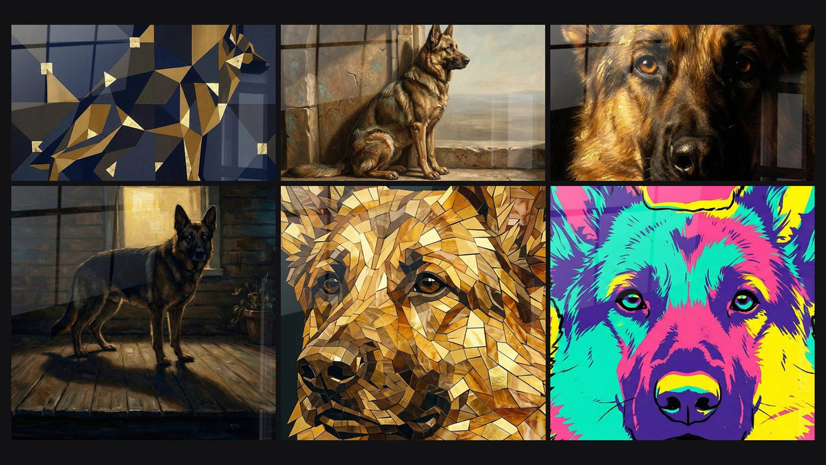Mosaïque de six tableaux, dont Berger Allemand Géométrique Doré et Bleu et Portrait Berger Allemand aux Yeux Ambrés