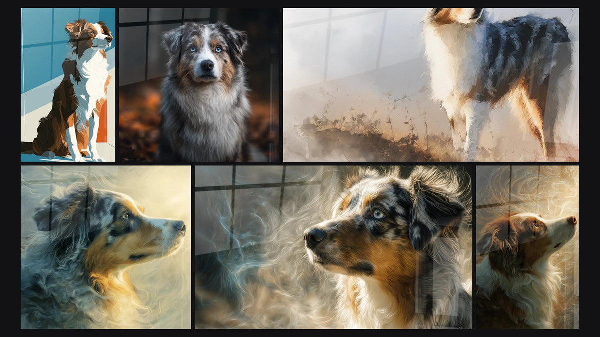 Mozaïek van zes schilderijen, waaronder Australische Herder Tricolor Zittend en Australische Herder Contemplatief Portret