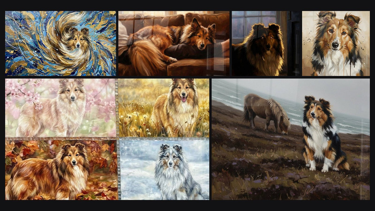 Mosaïque de six tableaux, dont Berger des Shetland Endormi sur Canapé et Berger des Shetland Saisons