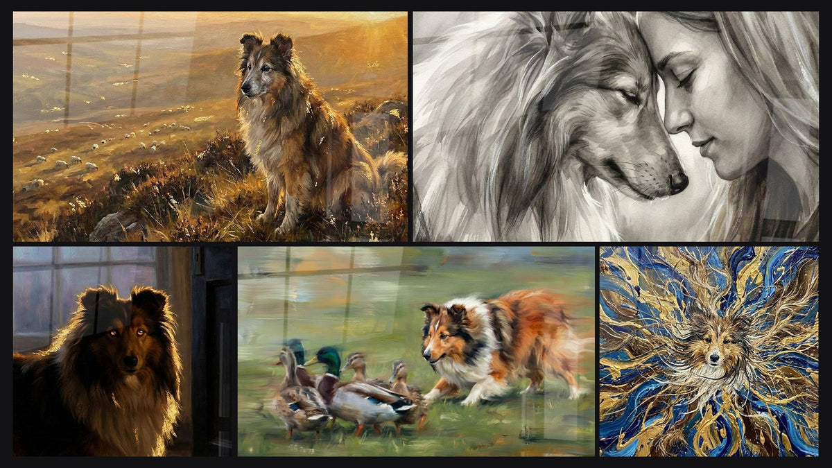 Mosaïque de cinq tableaux, dont Femme et Chien aux Tons Sépia