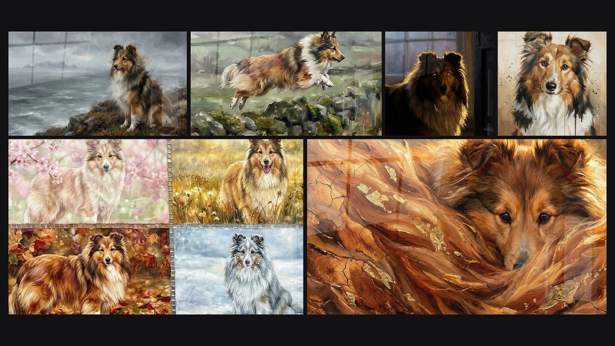 Mosaico di sei quadri, tra cui Pastore delle Shetland Stagioni