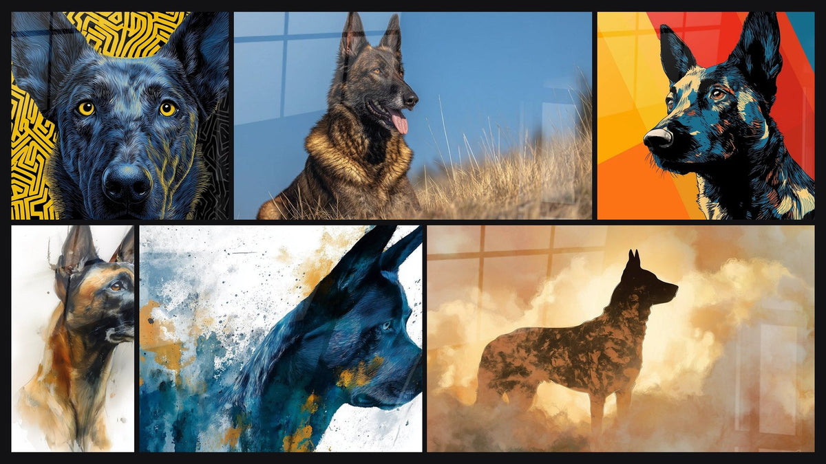 Mosaïque de six tableaux, dont Chien Silhouette Dorée dans les Nuages