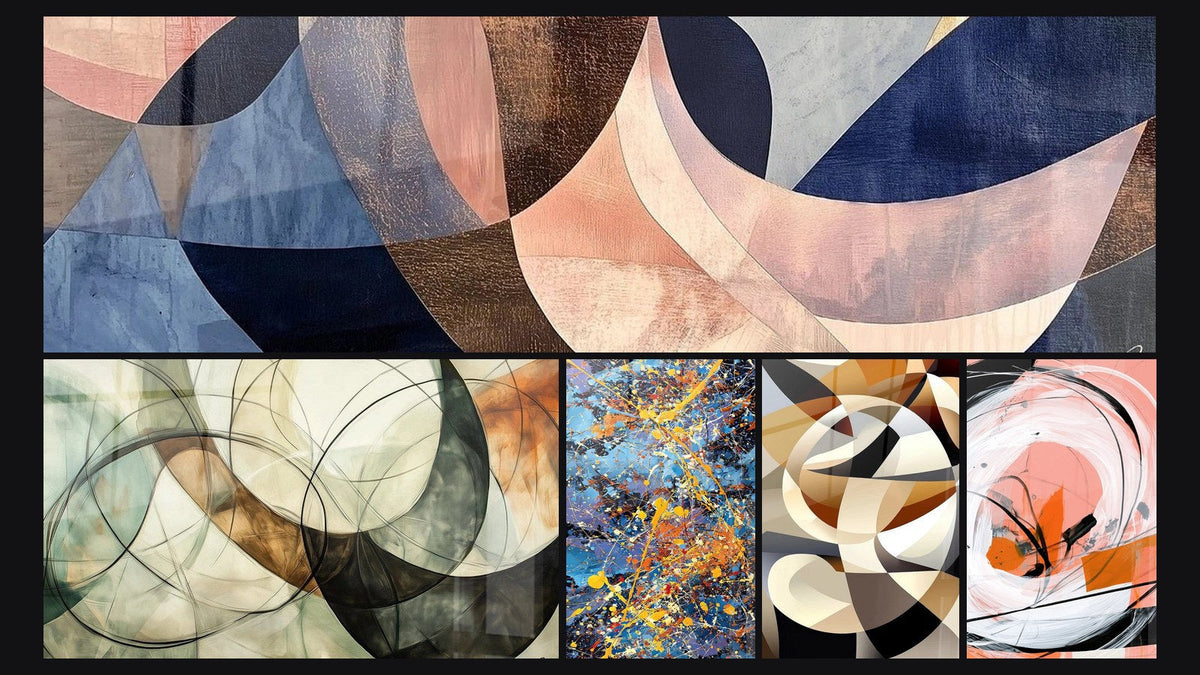 Mosaïque de cinq tableaux, dont Fusion Arcs Gracieux Terracotta, Les Liens Invisibles et Explosion de couleurs