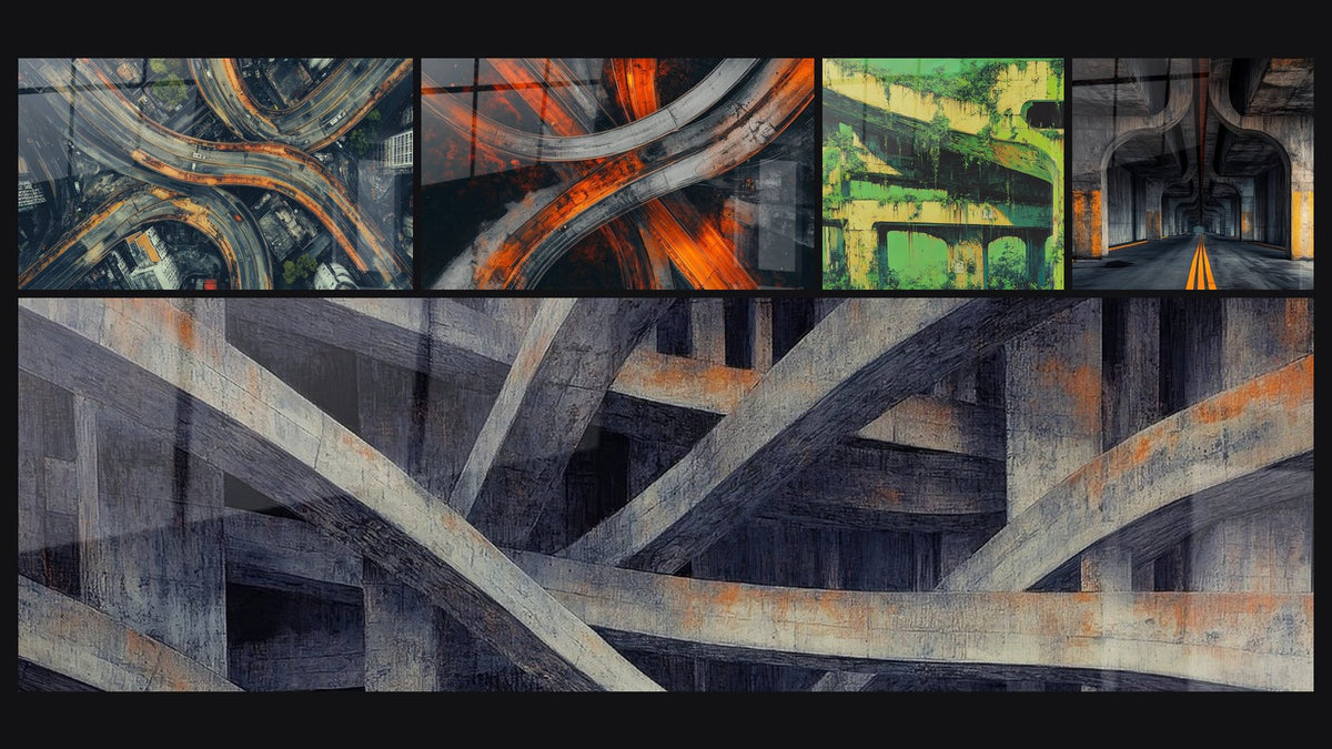 Mosaïque de cinq tableaux, dont Échangeur autoroutier urbain, Échangeur autoroutier abstrait et Poutres en Bois Croisées