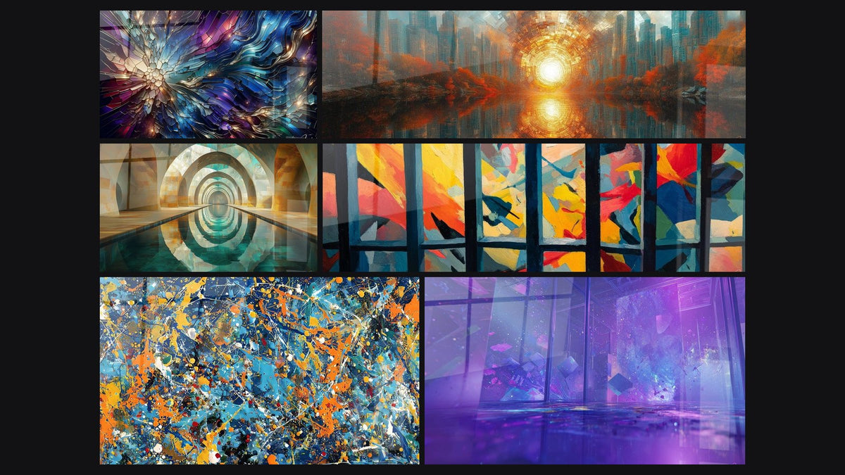 Mosaïque de six tableaux, dont Éclats de Vitraux, Arche Silencieuse Teal et Éclaboussures colorées