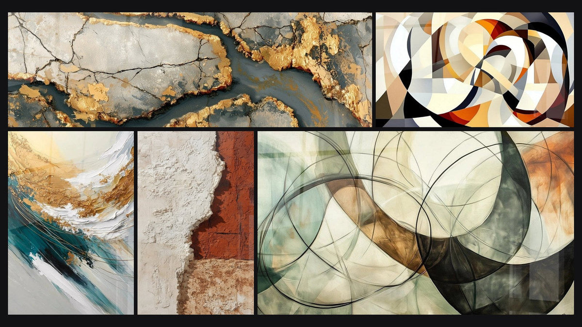 Mosaic of five paintings, including Golden Veined Marble, Interlocking circular shapes and Golden Crest and Foam