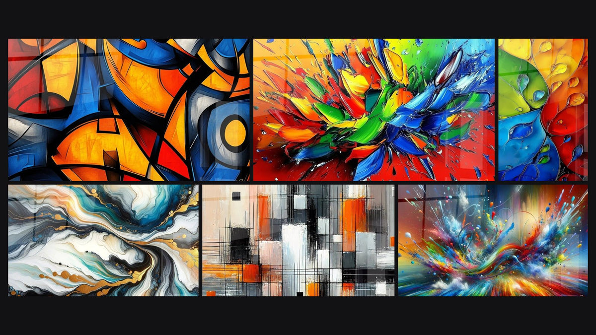 Mosaic of six paintings, including Colored geometric shapes, Colorful Explosion and Colorful Branches