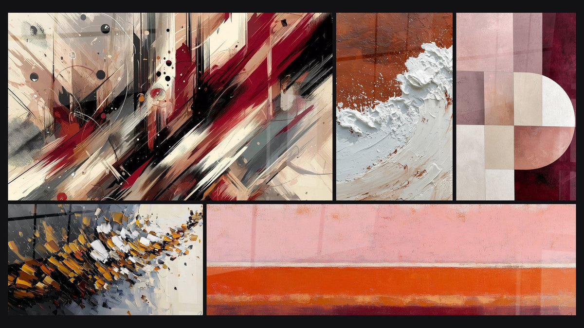 Mosaic of five paintings, including Artistic Turbulence and Dynamic explosion