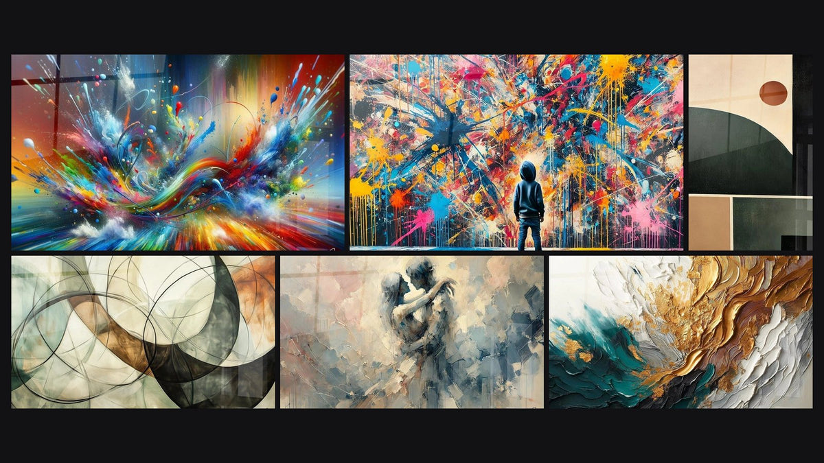 Mosaico de seis cuadros, entre ellos Abstracto Big Bang Explosivo, Los Lazos Invisibles y Explosiones