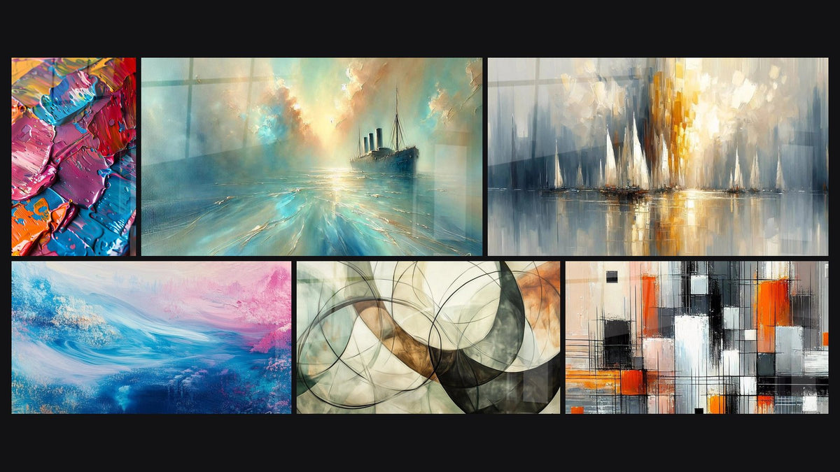 Mosaic of six paintings, including Multicolor Acrylic, Shifting Shore and Heart of the Breeze
