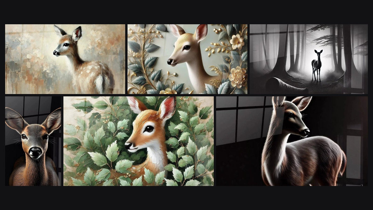 Mosaic of six paintings, including Gentle Dawn, Whisper of Leaves and Silent Gaze