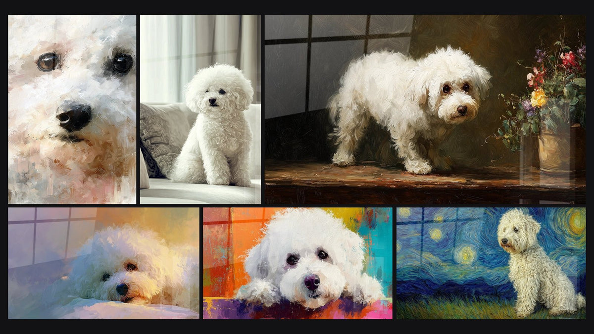 Mosaïque de six tableaux, dont Portrait Bichon Frisé aux Tons Poudrés et Bichon Frisé Blanc sur Canapé Beige