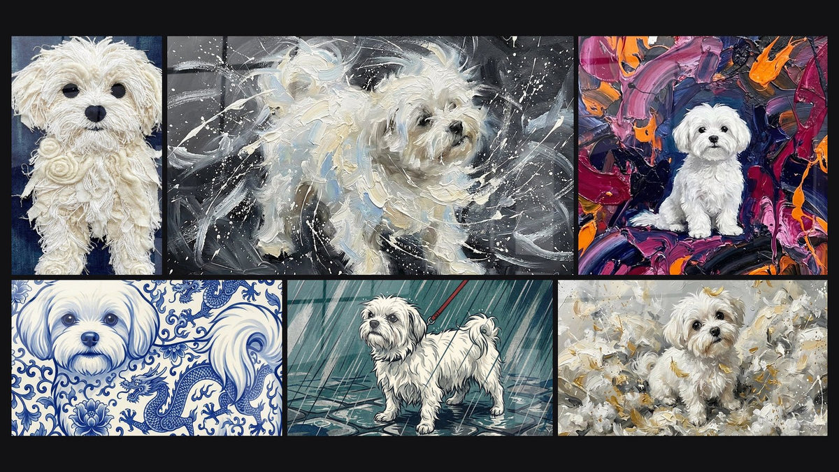Mosaïque de six tableaux, dont Bichon Maltais aux Tonalités Grises et Chien Blanc aux Tonalités Dorées