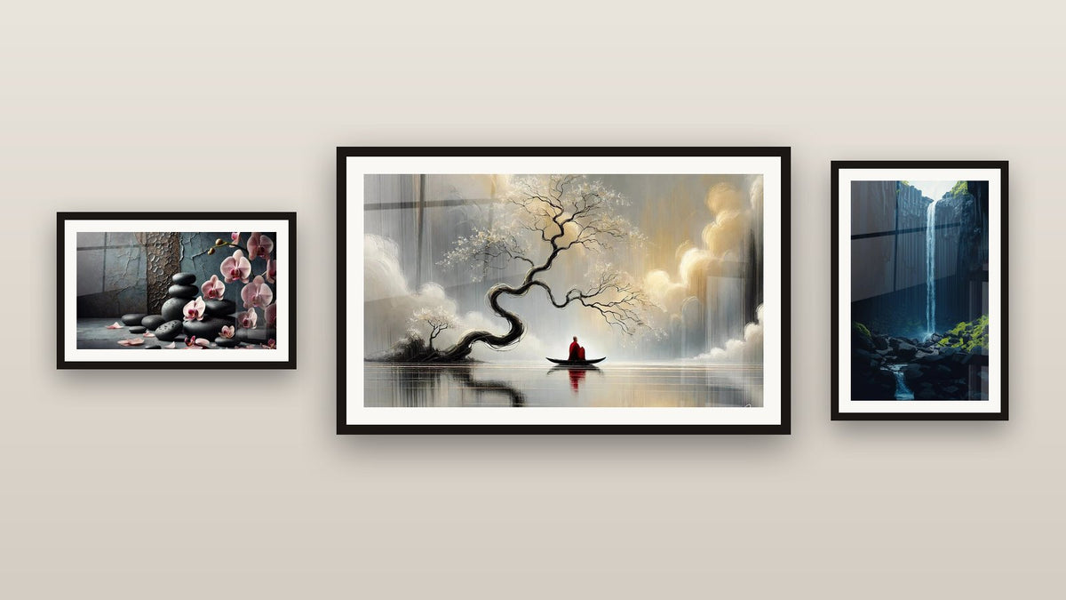 Gallery wall with three framed paintings, including Inner Journey and Stones and Petals