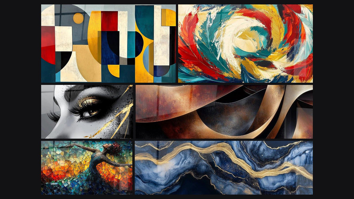 Mosaico di sei quadri, tra cui Forme geometriche colorate di, Occhio lacrima d'oro e Danza Fuoco Liberatrice Rosso