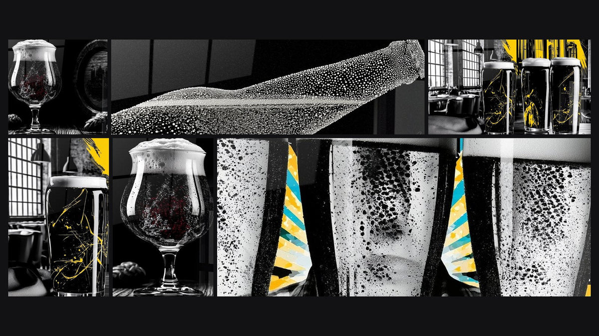 Mosaïque de six tableaux, dont Verre noir aux éclaboussures jaunes vif