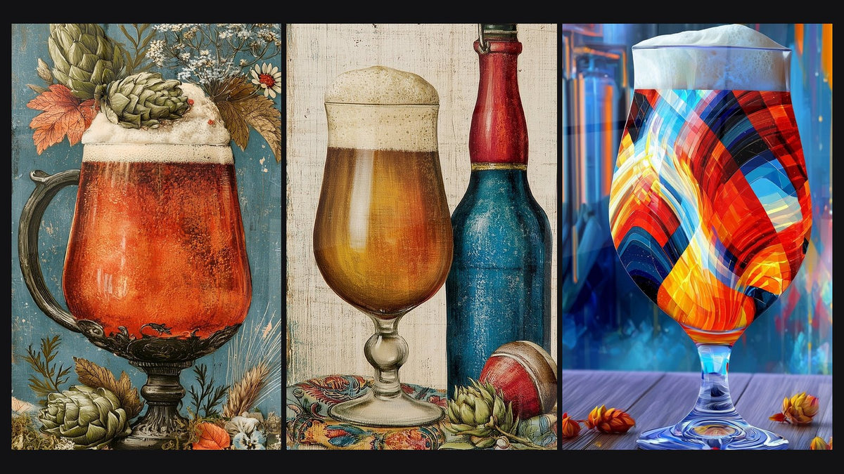Mosaïque de trois tableaux, dont Verre ambré et bouteille bleue sur bois et Verre à bière orange et bleu éclatant