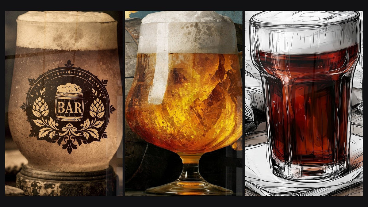 Mosaïque de trois tableaux, dont Chope ambrée et blason doré vintage et Verre rouge et blanc au trait esquissé
