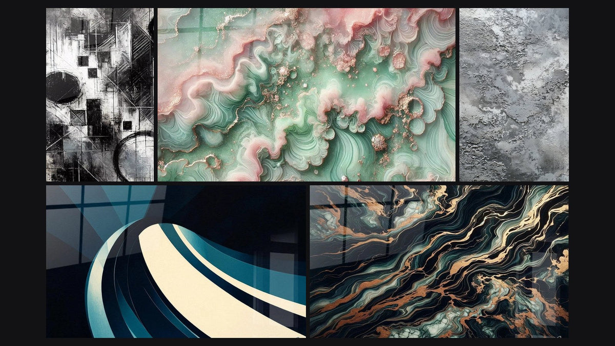 Mosaïque de cinq tableaux, dont Fragments d’Absolu, Onde spiralée moderne et Brume Émeraude