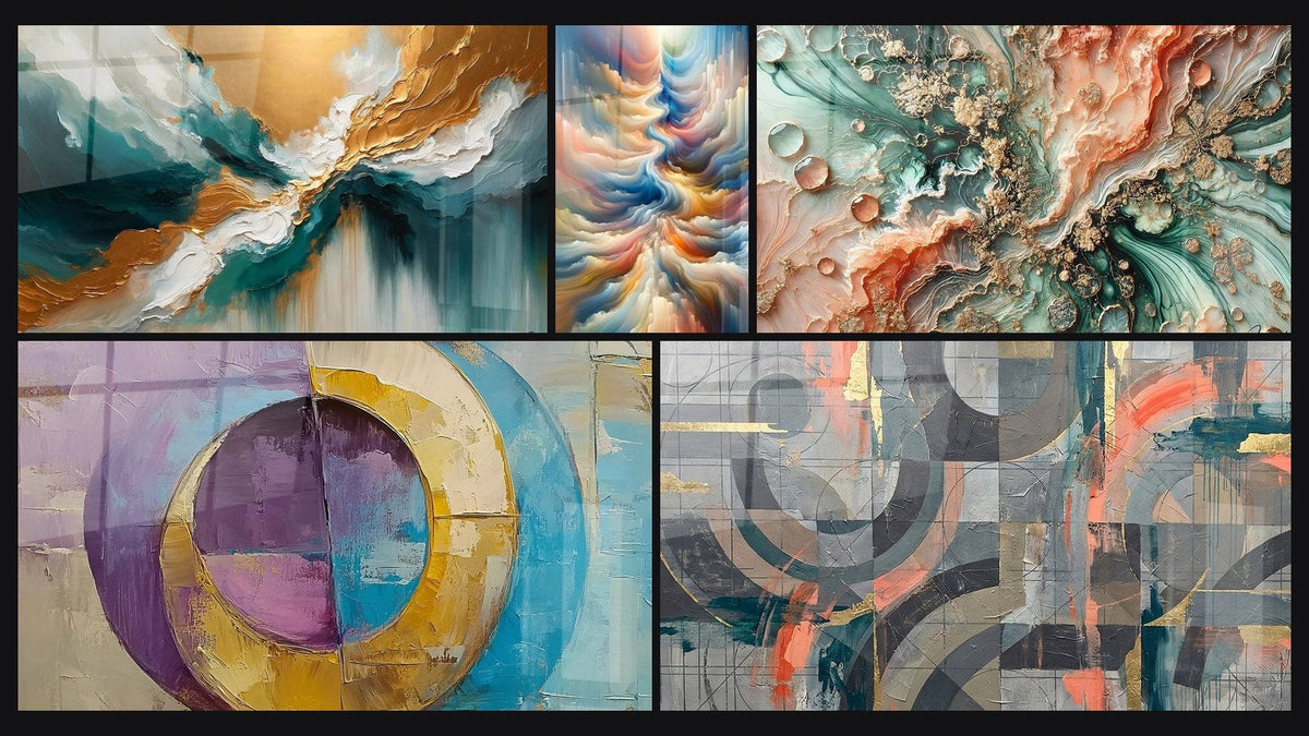 Mosaïque de cinq tableaux, dont Lumière des Abysses, Résonance des Teintes Célestes et Cercles concentriques colorés