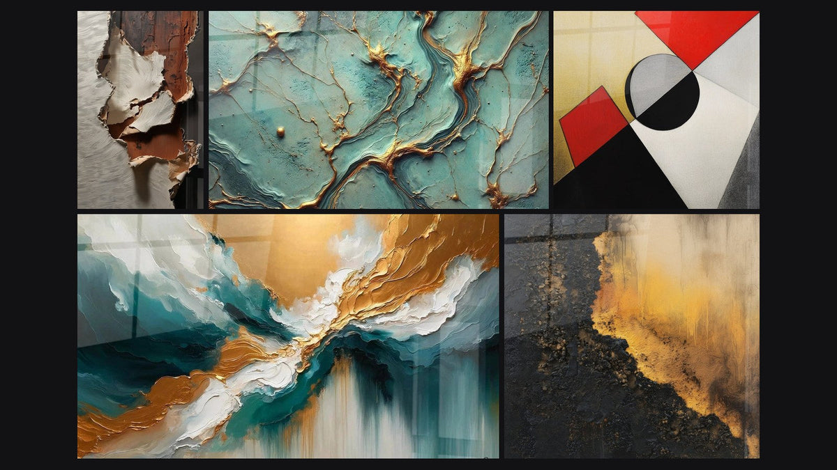 Mosaïque de cinq tableaux, dont Lumière des Abysses, Rivières d’Or et Formes géométriques colorées