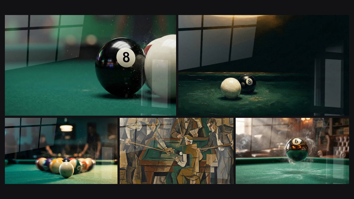 Mosaïque de cinq tableaux, dont Billard Boule 8 Noire, Billard Nocturne et Billard Américain