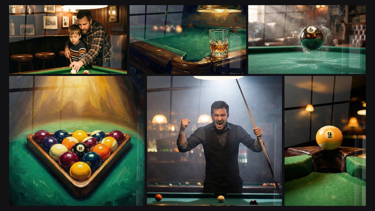 Mosaik aus sechs Gemälden, darunter Vater und Sohn beim Billard, Billiardtisch Whisky und Billard-Dreieck-Kunstwerk