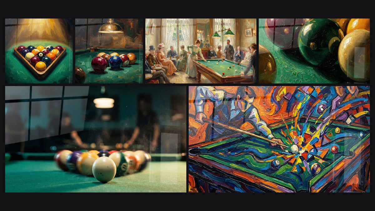 Mosaic of six paintings, including Billiard Triangle, American Billiards and Billiard Balls Colored Pool Table