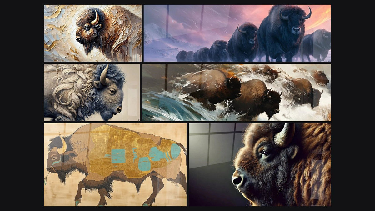 Mosaic of six paintings, including The Sage of the Mountains, The King of the Plains and Bison Sacred Memory
